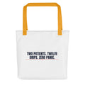 White ICU tote with yellow handles and “Two Patients. Twelve Drips. Zero Panic.” design, front view
